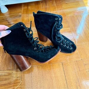Jeffrey campbell lace up booties with wooden heel and black suede